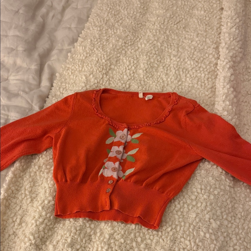 Moth Orange Floral Cropped Cardigan with snap buttons, Size S but runs smaller